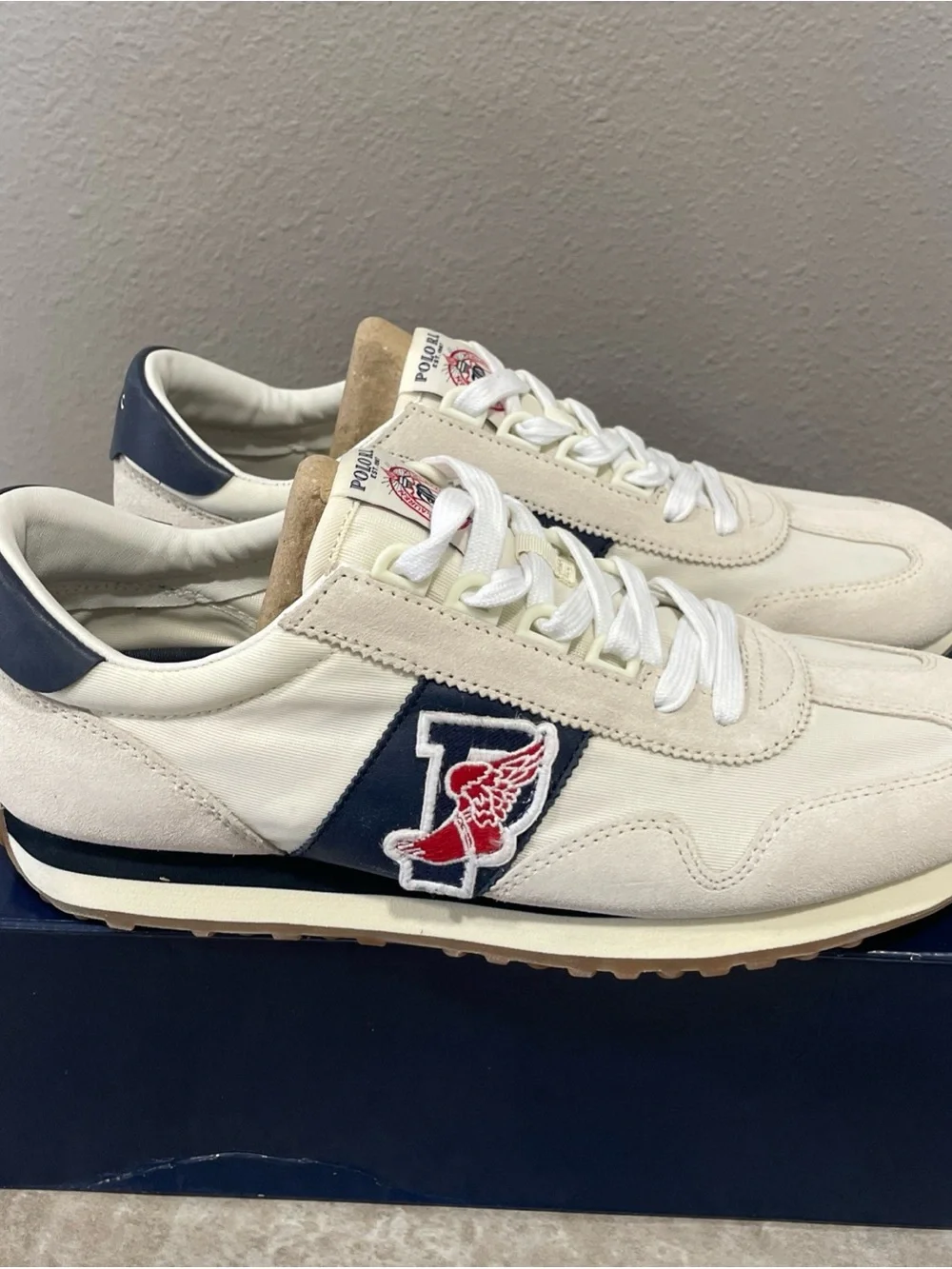 Polo by Ralph Lauren Men’s Cream, Navy & Red Athletic Sneakers